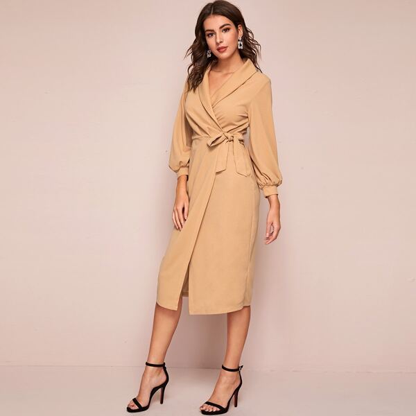 

Shawl Collar Lantern Sleeve Wrap Belted Dress, Camel