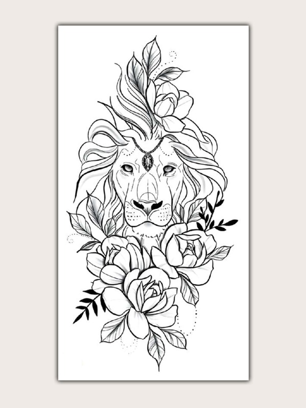 

1sheet Lion & Flower Pattern Tattoo Sticker, Multicolor
