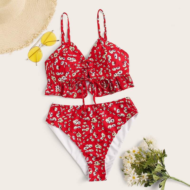 

Ditsy Floral Print Ruffle High Waist Bikini Set, Red