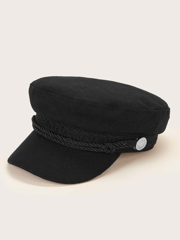 

Braided Ribbon Decor Baker Boy Hat, Black