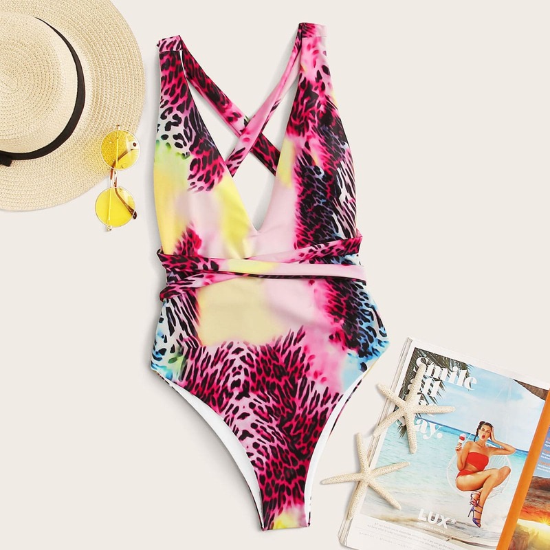 

Leopard Print Criss Cross One Piece Swimwear, Multicolor
