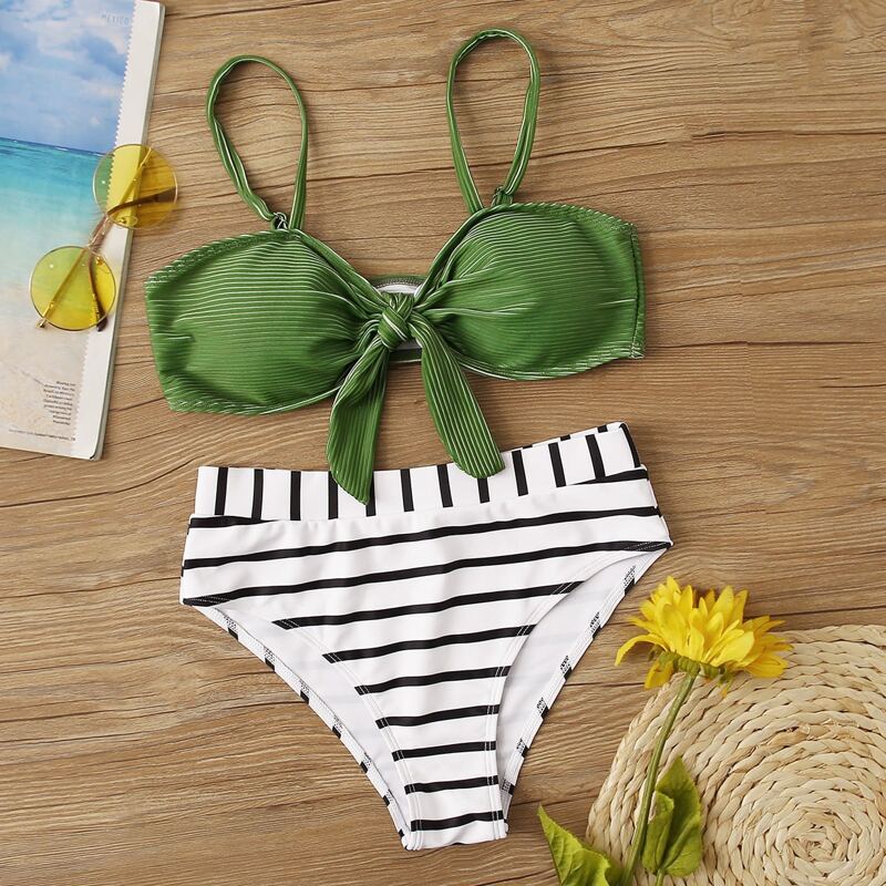 

Knot Front Top With Striped High Waist Bikini Set, Multicolor
