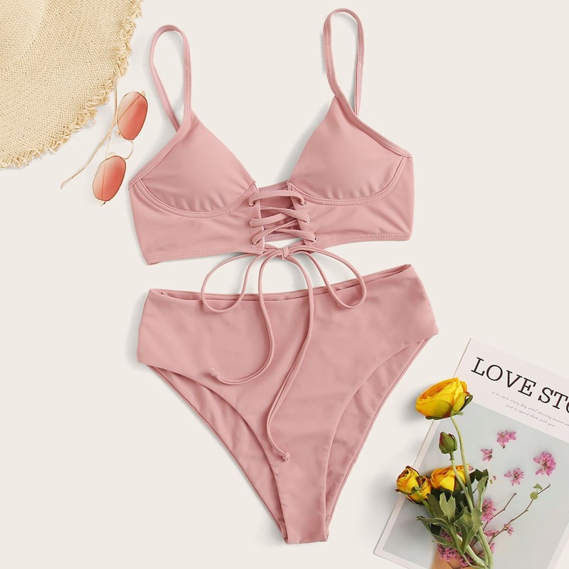 

Lace-up Front Top With High Waist Bikini Set, Pink