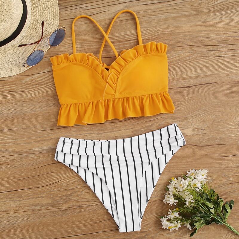 

Ruffle Top With Striped Bikini Set, Multicolor