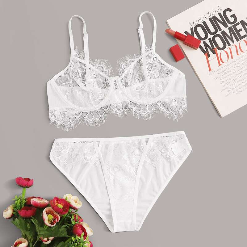 

Floral Lace Underwire Lingerie Set, White
