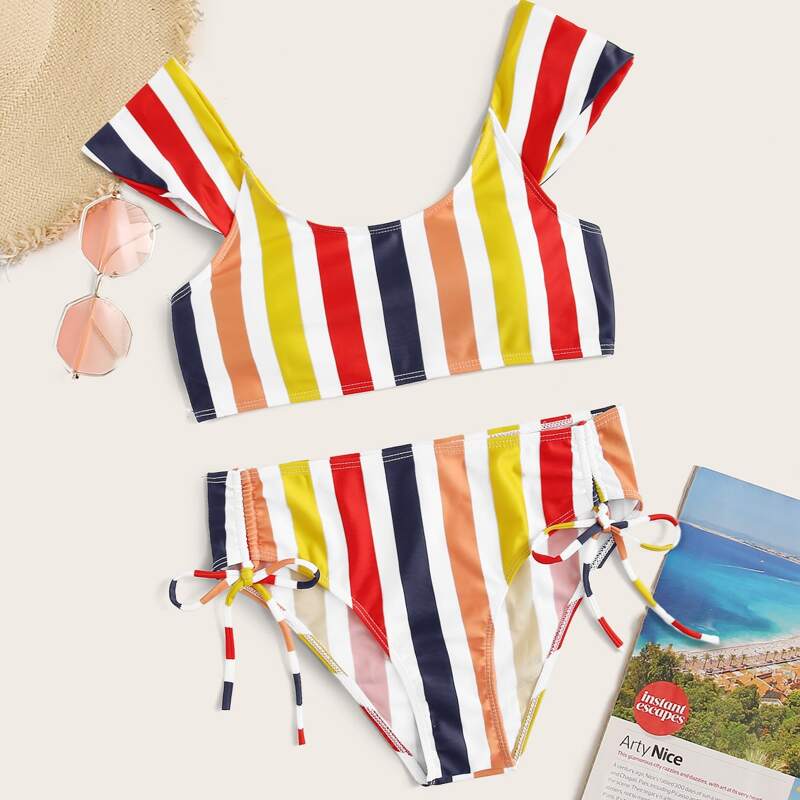 

Colorful Striped Top With Tie Side Bikini Set, Multicolor