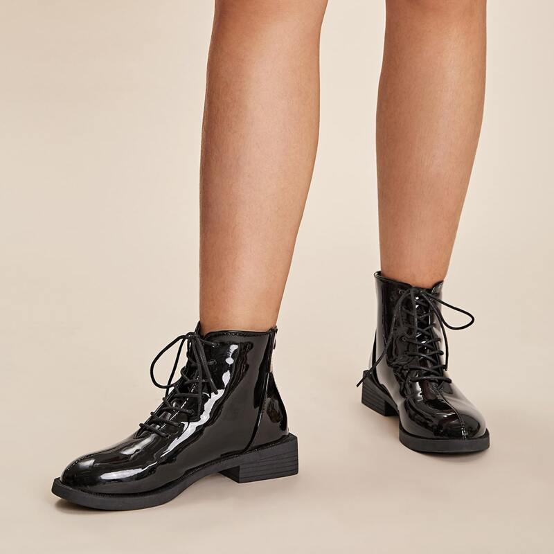

Zip Back Lace-up Lug Sole Boots, Black