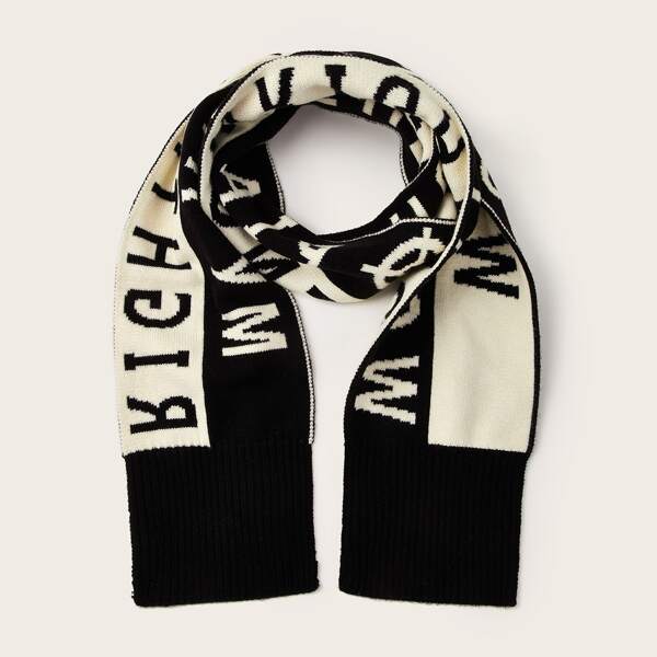 

Letter Graphic Knit Scarf, Black and white