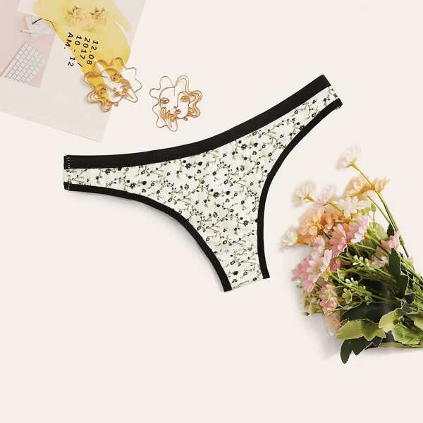 

Floral Print Contrast Binding Thong, Multicolor