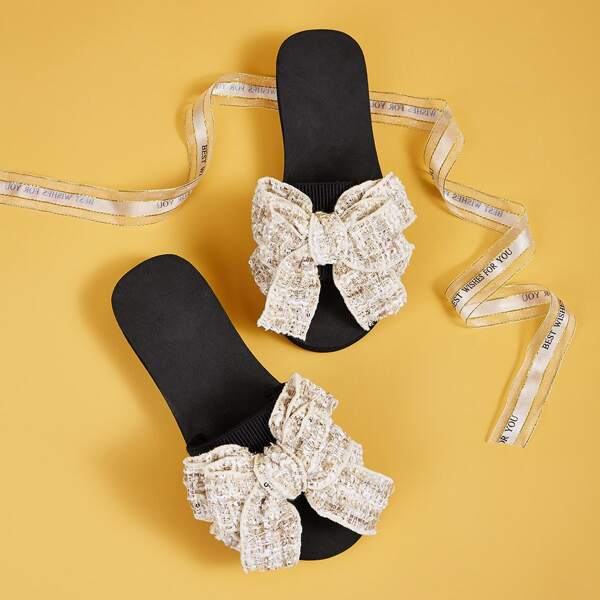 

Girls Tweed Bow Decor Sliders, Beige