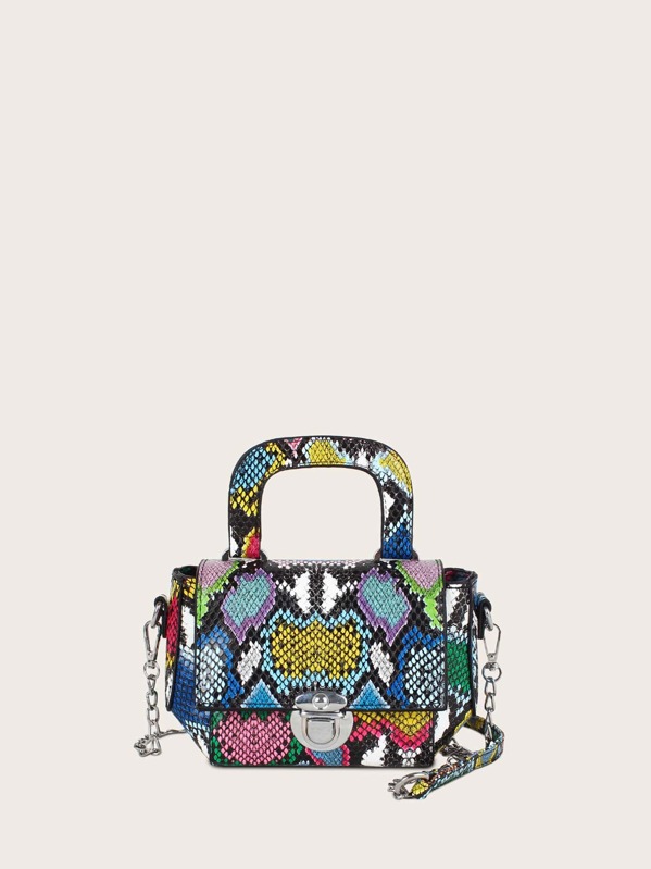 

Push Lock Snakeskin Print Satchel Bag, Multicolor