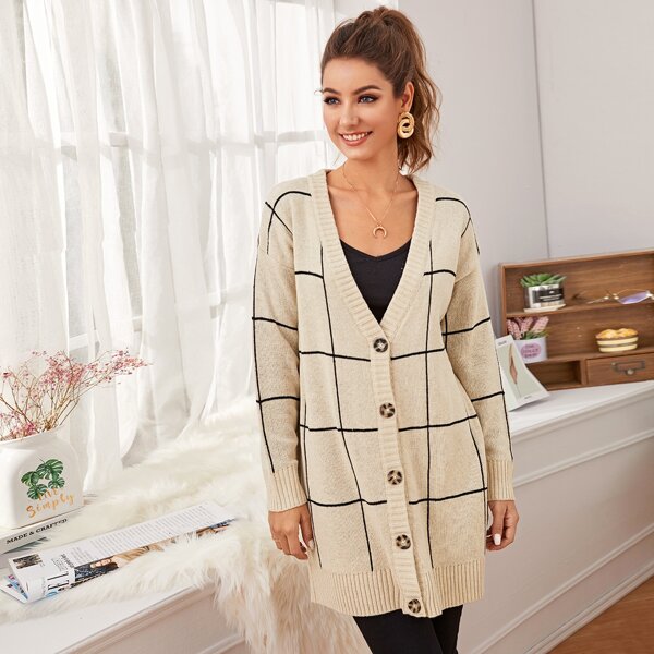 

Button Front Drop Shoulder Grid Cardigan, Beige