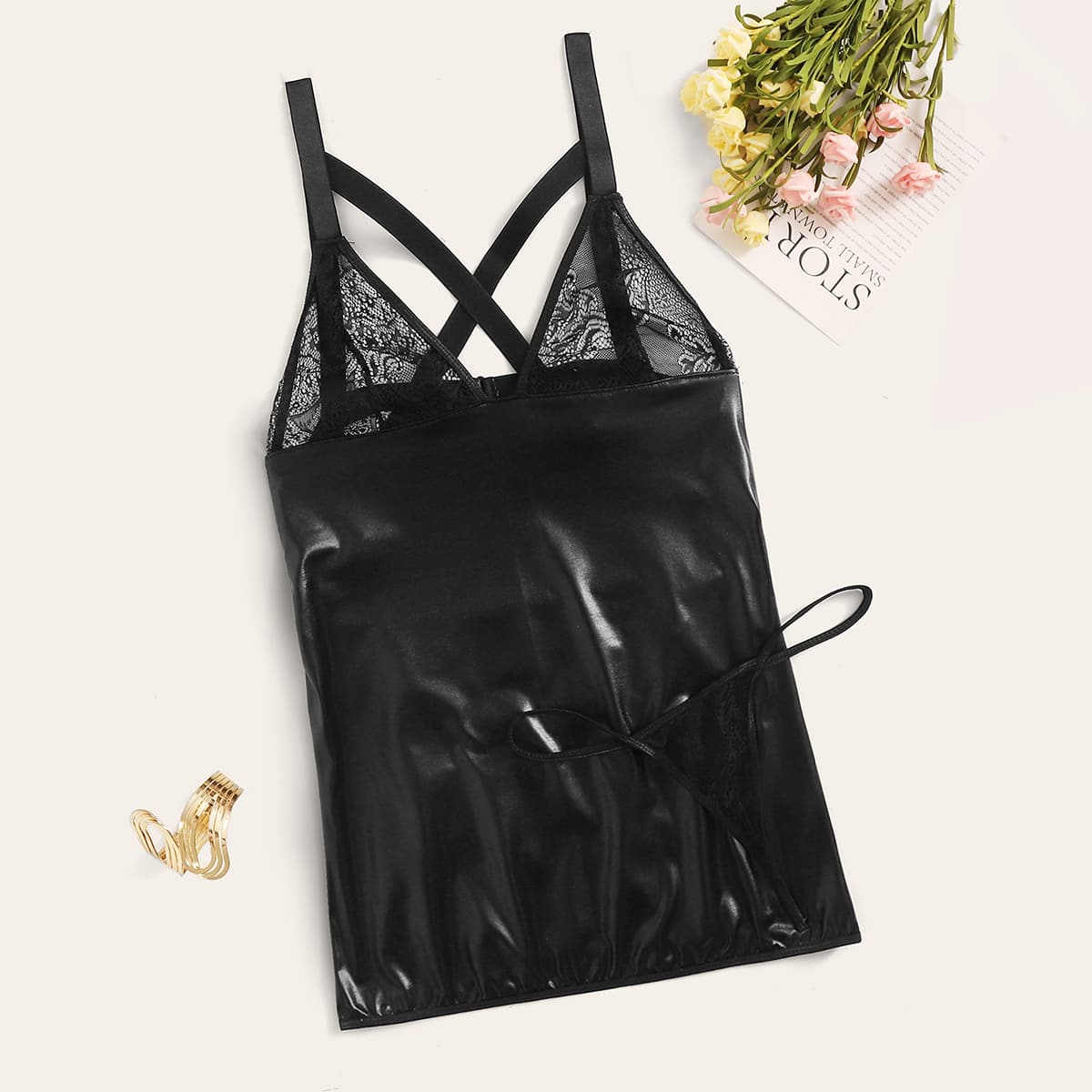 

Contrast Lace PU Slips With Thong, Black