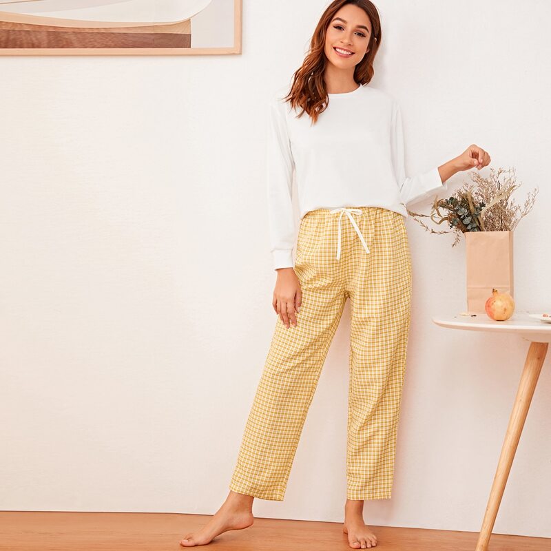 

Solid Top With Plaid Pants PJ Set, Multicolor