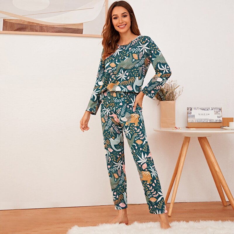 

Leaf & Dinosaur Print PJ Set With Eye Cover, Green