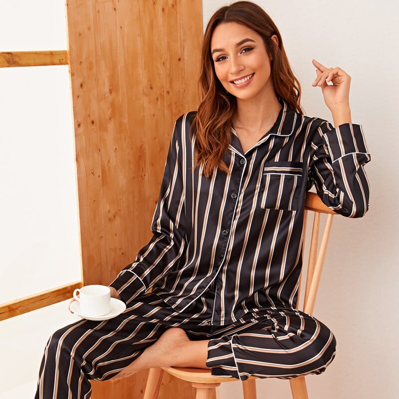 

Striped Button-up Satin PJ Set, Black