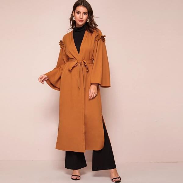 

3D Appliques Detail Split Hem Belted Coat, Camel