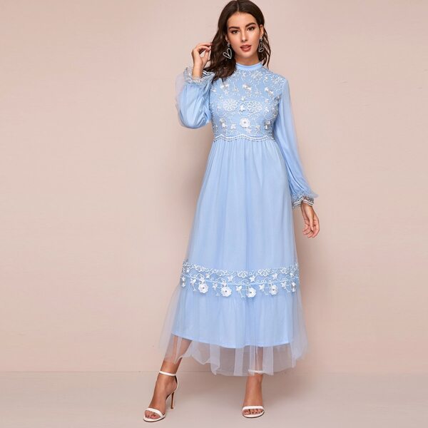 

Mock-neck Embroidered Mesh Overlay Dress, Blue pastel