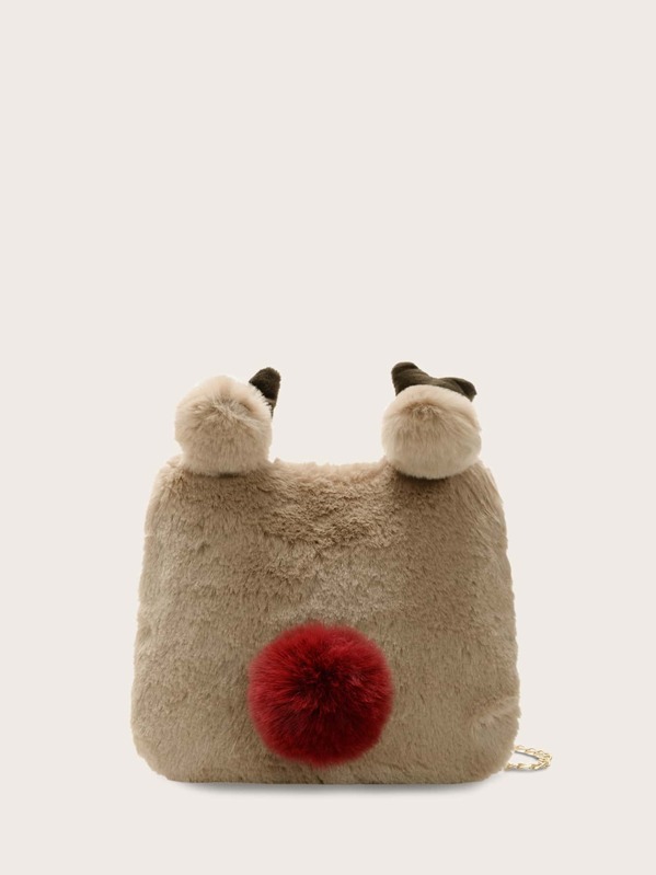 

Girls Pom Pom Decor Fluffy Chain Bag, Khaki
