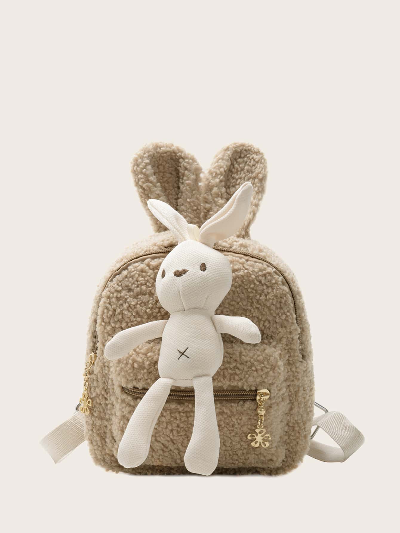 Fille Sac à dos en tissu duveteux décoré lapin - Kaki - Voir 1