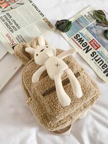 Fille Sac à dos en tissu duveteux décoré lapin - Kaki - Voir 2