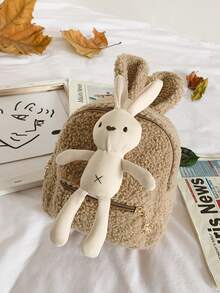 Fille Sac à dos en tissu duveteux décoré lapin - Kaki - Voir 3