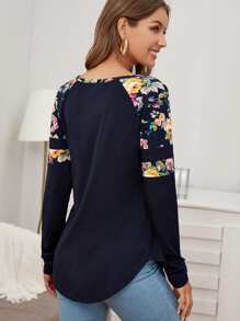 SHEIN LUNE Floral Raglan Sleeve Curved Hem Tee - Navy Blue - View 2