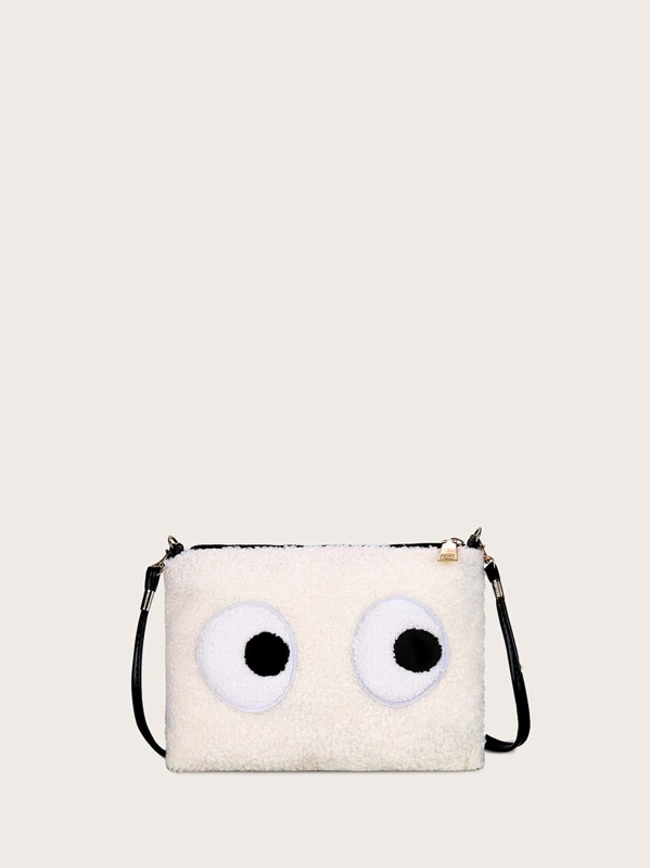 

Girls Eyes Pattern Fuzzy Crossbody Bag, White