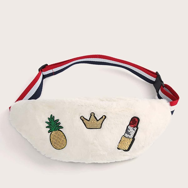 

Girls Sequins Decor Faux Fur Fanny Pack, White
