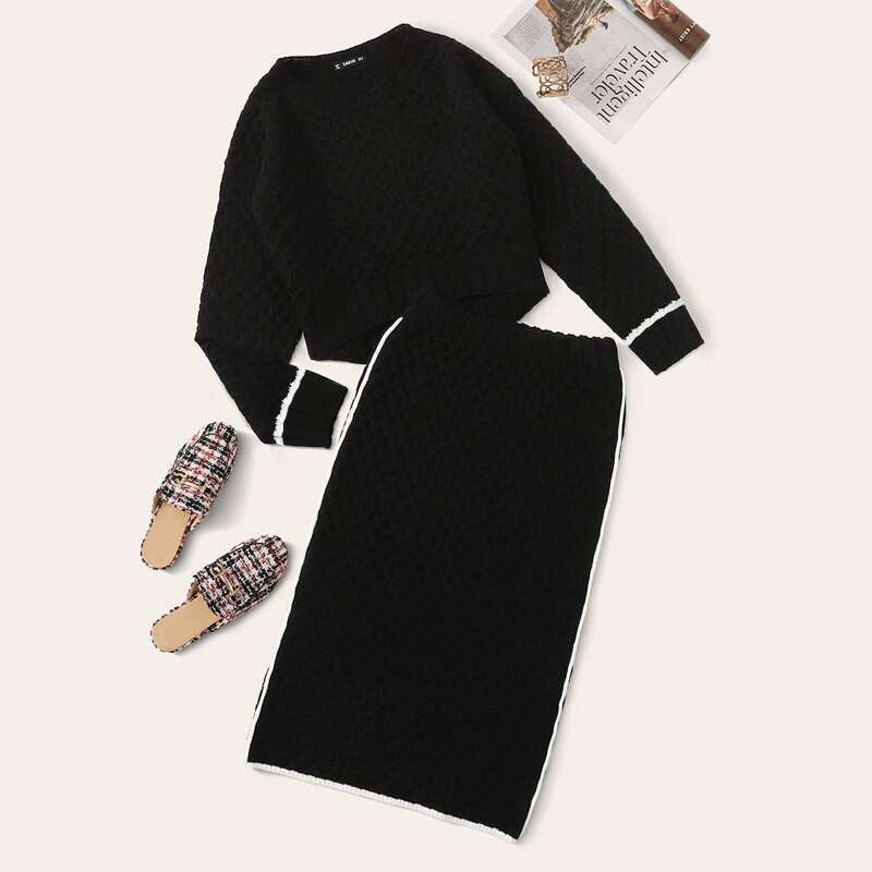 

Cable Knit Sweater & Contrast Side Seam Skirt Set, Black