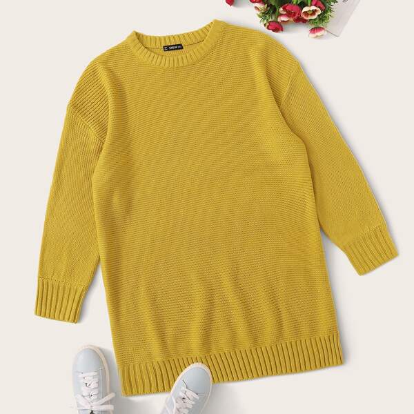 

Plus Drop Shoulder Solid Sweater Dress, Yellow bright