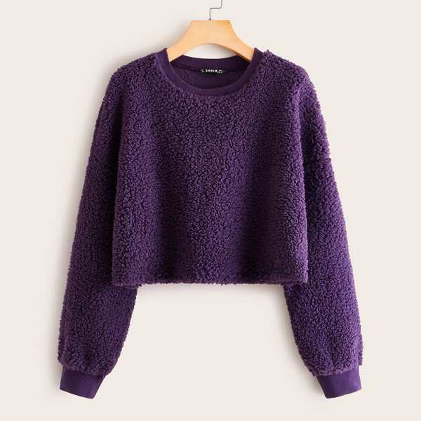 

Drop Shoulder Teddy Pullover, Purple