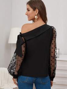 SHEIN Clasi Knot Asymmetrical Neck Dot Mesh Sleeve Top - Black - View 2