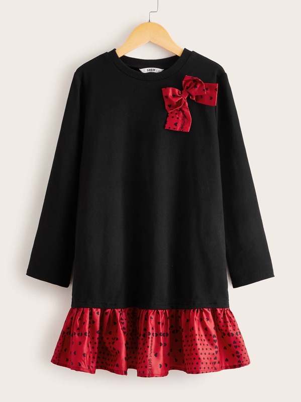 

Girls Bow Detail Contrast Ruffle Hem Dress, Black