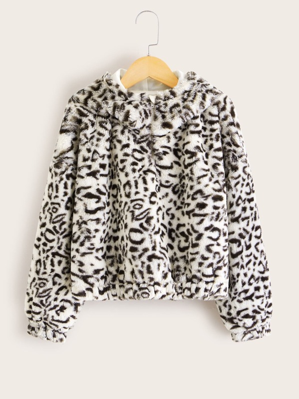 

Girls Drop Shoulder Leopard Teddy Hoodie, Black and white