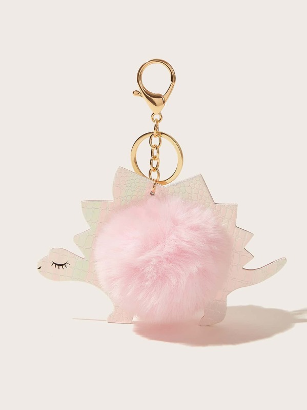 

Fluffy Pom Pom & Dinosaur Charm Keychain, Pink