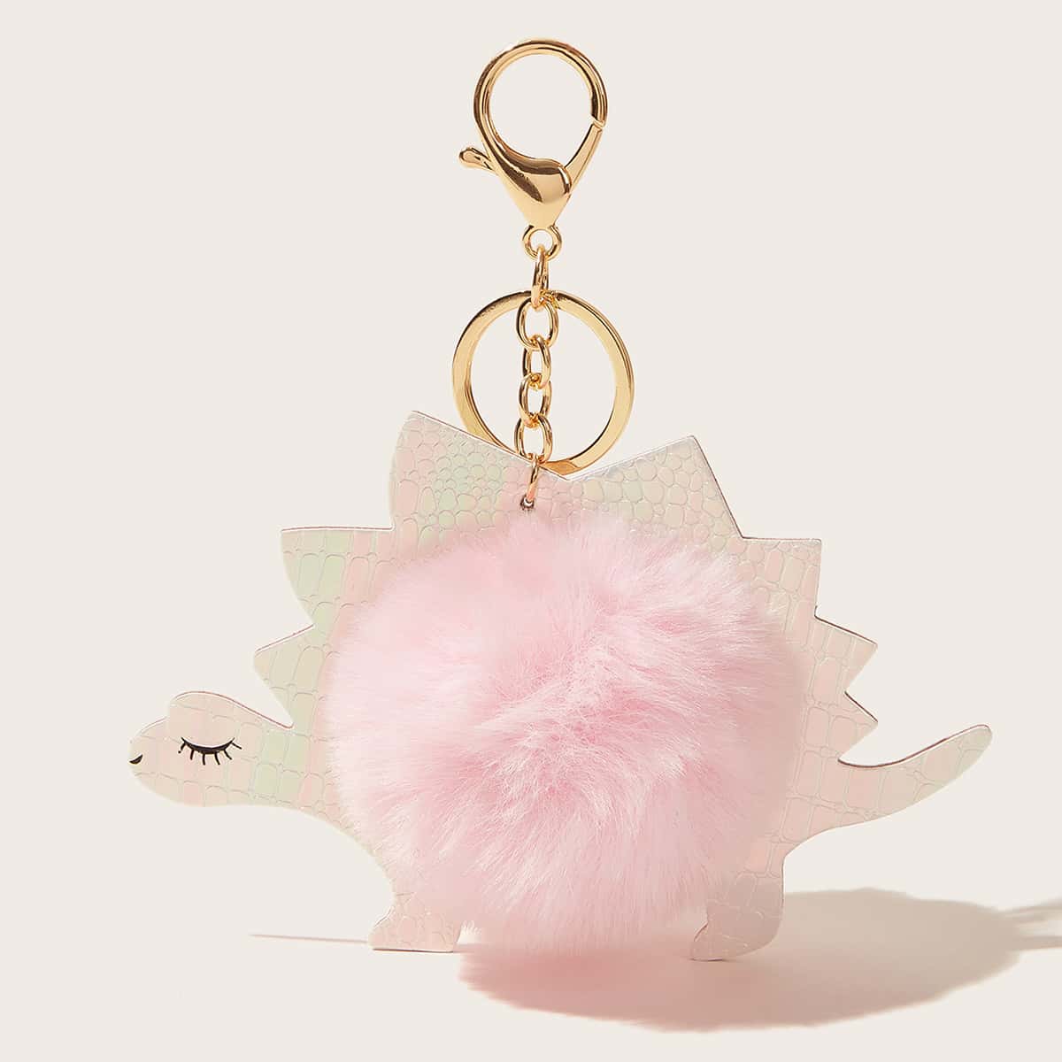 

Fluffy Pom Pom & Dinosaur Charm Keychain, Pink