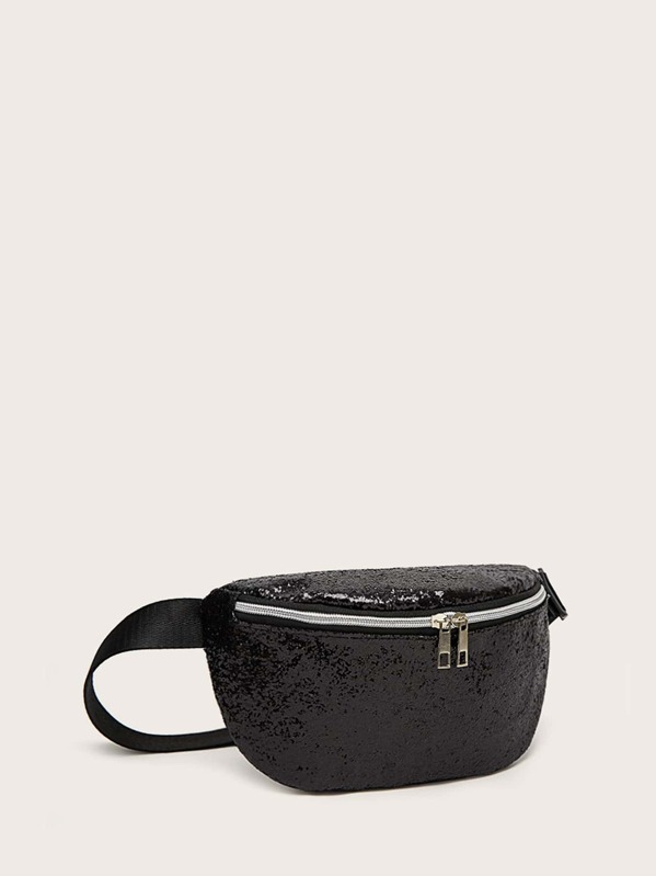 

Kids Sequins Decor Zip Front Fanny Pack, Black
