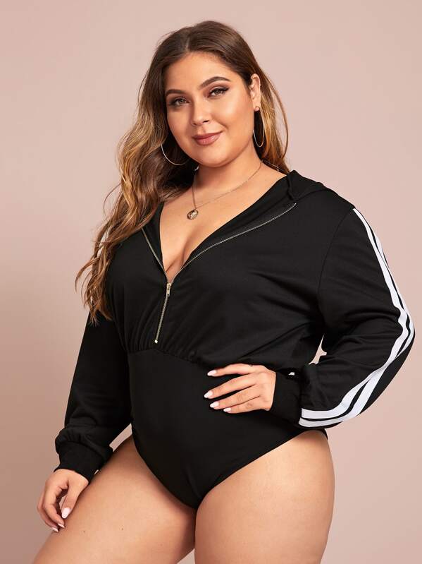 

Plus Zip Front Striped Side Bodysuit, Black, Carol