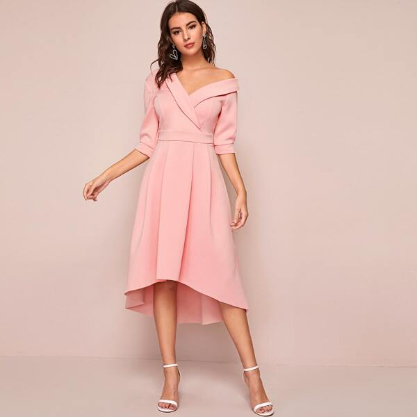 

Shawl Collar Asymmetrical Neck Flare Dress, Pink pastel