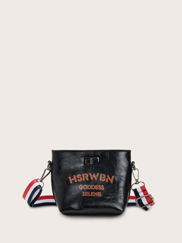 

Girls Twist Lock Letter Graphic Bucket Bag, Black