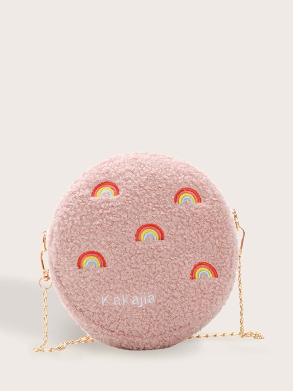 

Girls Rainbow Embroidered Fuzzy Chain Bag, Pink