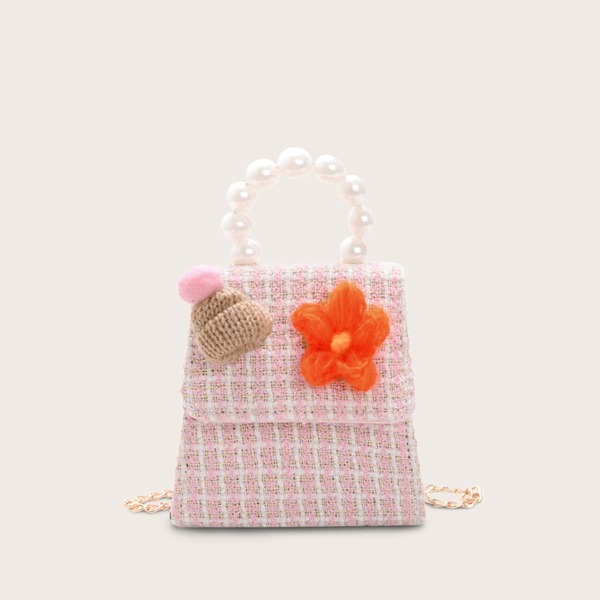 

Girls Applique Decor Beaded Handle Satchel Bag, Pink