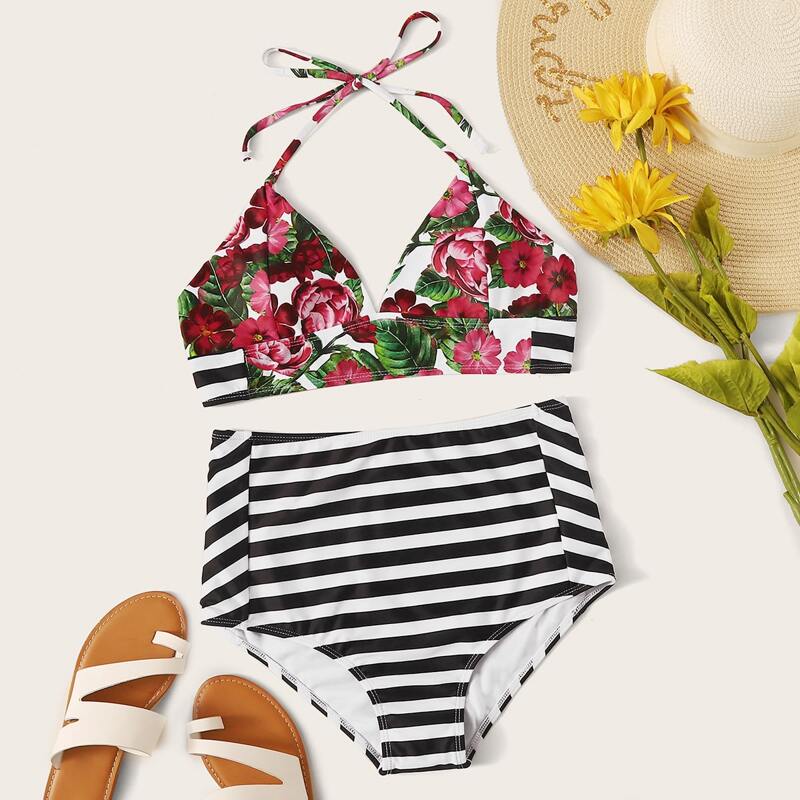 

Floral Random Print Top With High Waist Bikini Set, Multicolor