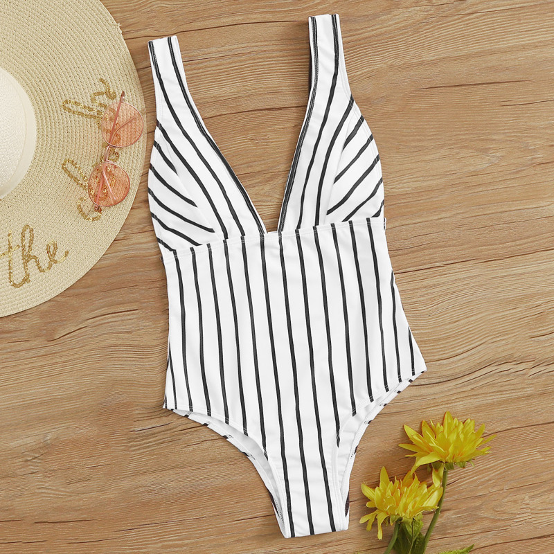 

Striped Plunging Neck One Piece Swimsuit, Black and white