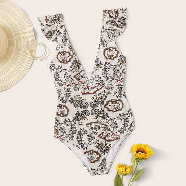 

Graphic Ruffle Trim One Piece Swimwear, Multicolor