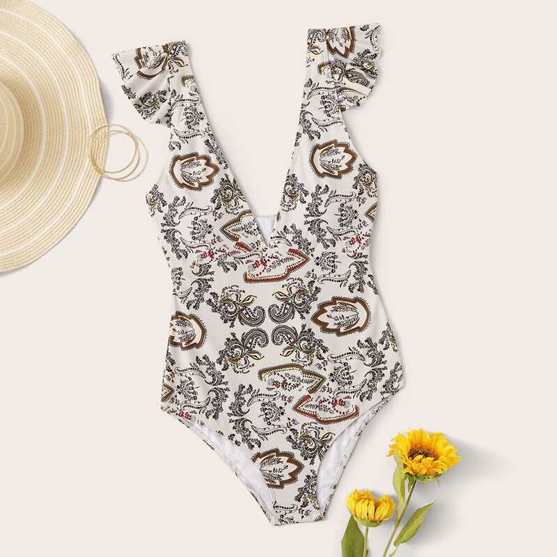 

Graphic Ruffle Trim One Piece Swimwear, Multicolor