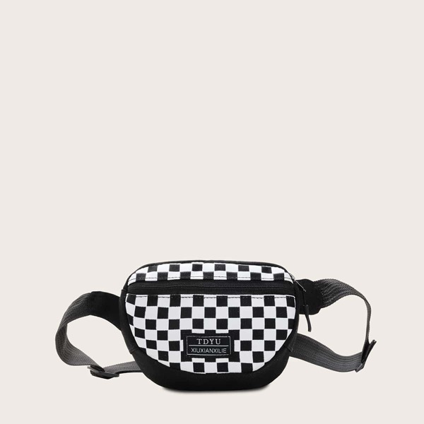 

Girls Plaid Graphic Zip Front Fanny Pack, Black and white