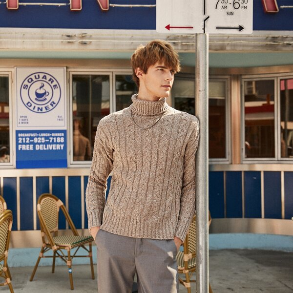 

Men High Neck Cable Knit Sweater, Khaki pastel