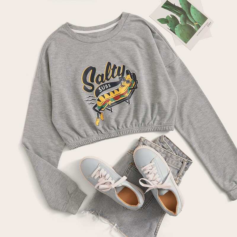 

Letter & Cartoon Graphic Crop Sweatshirt, Grey